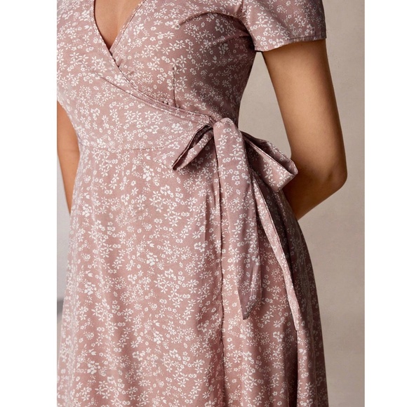 Dusty Pink Floral Print Long Wrap Dress - Picture 8 of 14